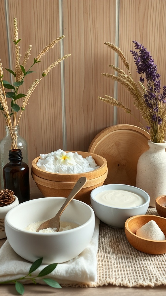 Aesthetic arrangement of DIY beauty treatment ingredients, including bowls of sugar, cream, and herbs.