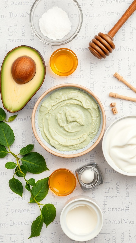 Ingredients for DIY face masks including avocado, honey, and yogurt