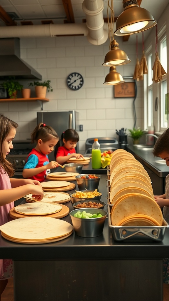 Kids preparing tacos at a kitchen counter with various ingredients laid out.