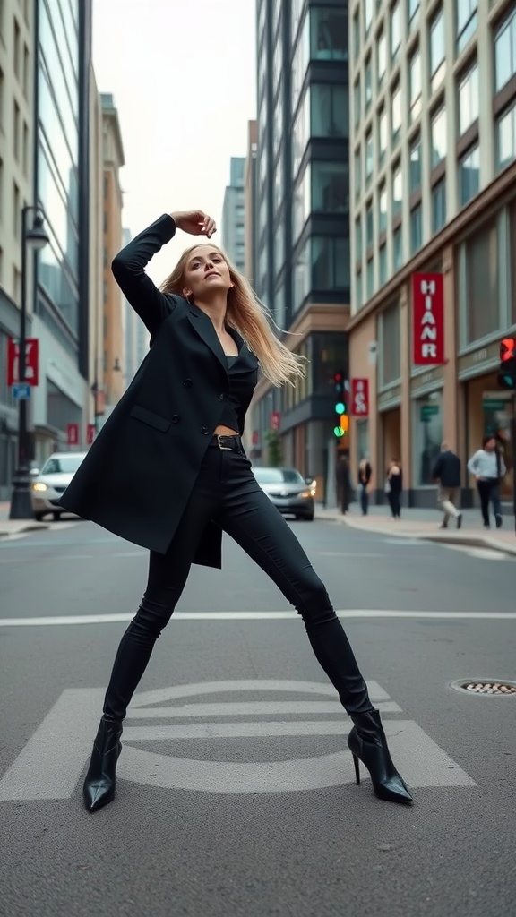 A model striking a dramatic pose in a city setting, showcasing fashion and style.