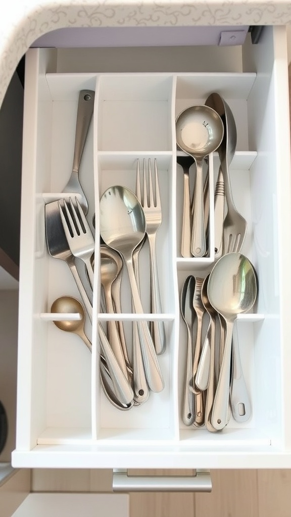 A neatly organized kitchen drawer with utensils separated by dividers.