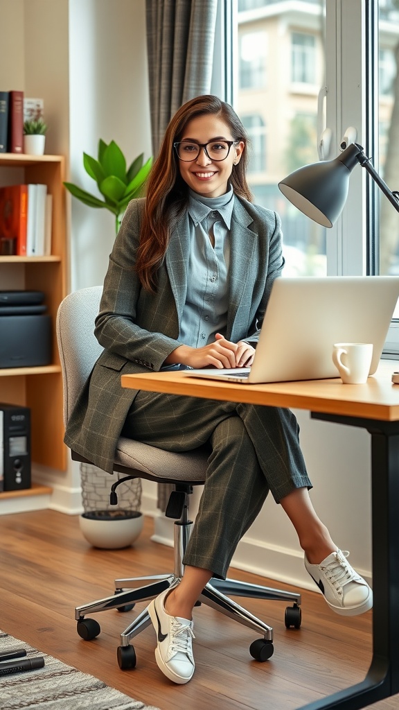 A man in a suit working on a laptop at a home office.