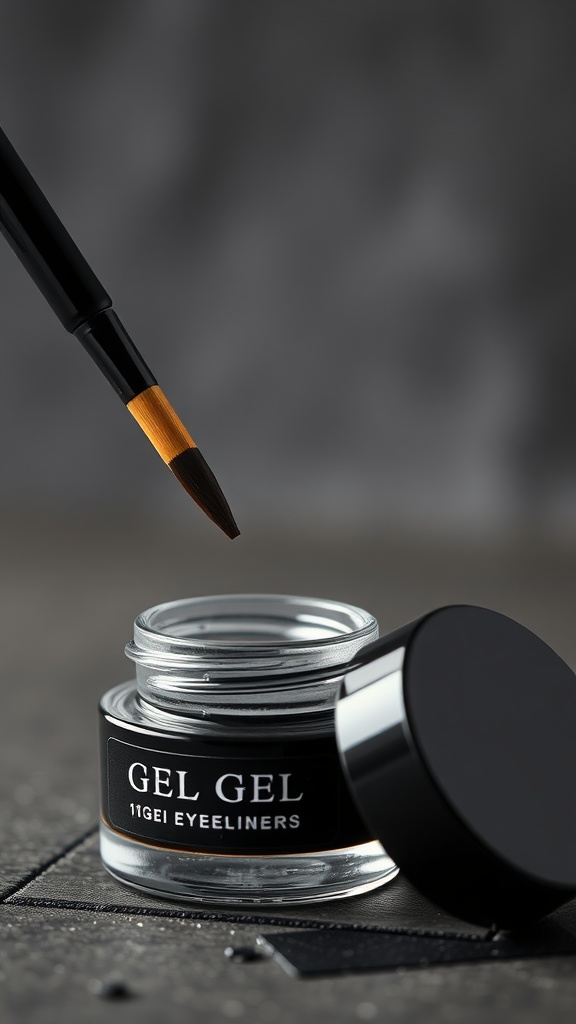 A jar of gel eyeliner with an angled brush hovering above it.