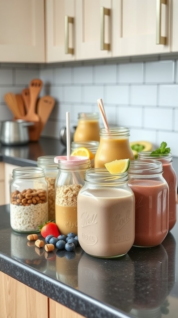 A variety of colorful smoothie jars and healthy snacks arranged on a kitchen counter.