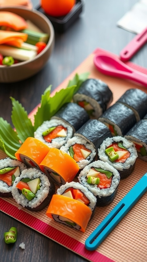 Colorful sushi rolls with various vegetables, surrounded by fresh ingredients.