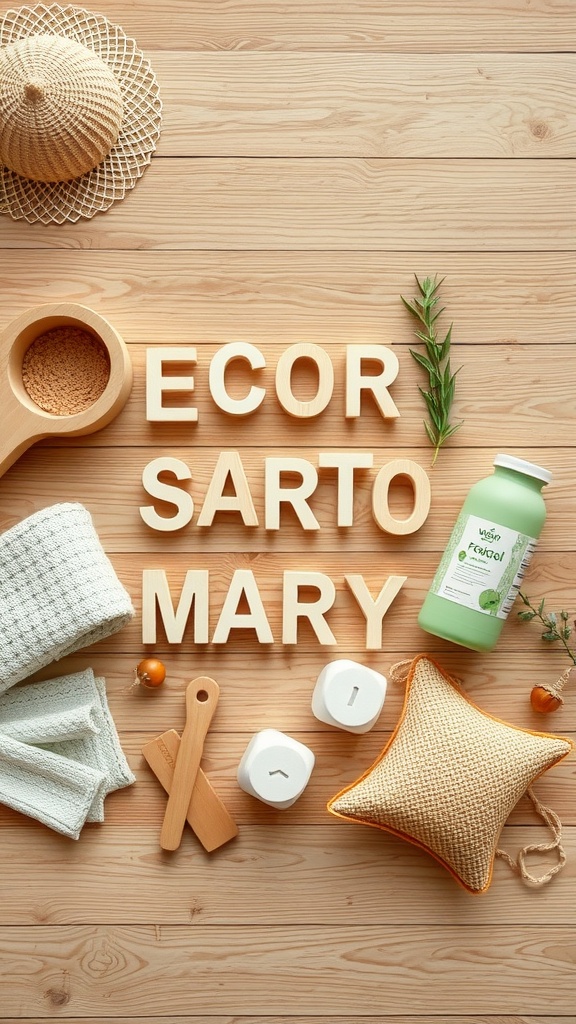 A collection of eco-friendly accessories laid out on a wooden surface, including natural materials and products.