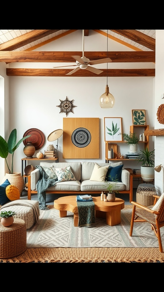 A cozy living room with eco-friendly decor, featuring natural materials and plants.