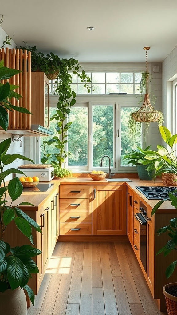 A modern kitchen featuring eco-friendly materials with wooden cabinets and various green plants.