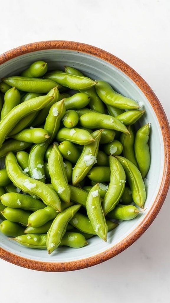 A bowl of fresh edamame pods, lightly salted.