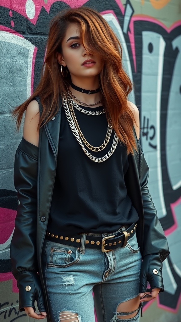 A stylish woman showcasing edgy accessories, including layered chains, a choker, and a leather jacket against a colorful graffiti background.