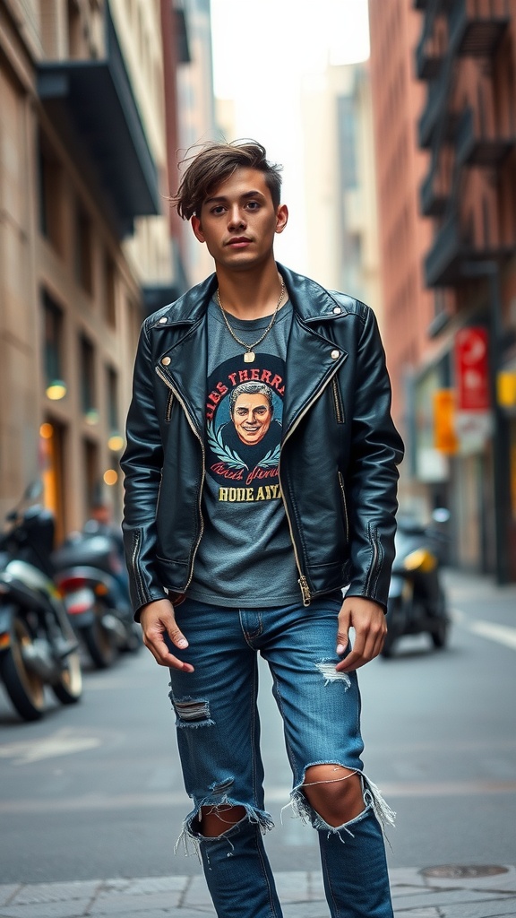 A young person wearing a black leather jacket, a graphic t-shirt, and ripped jeans, standing in a city street.