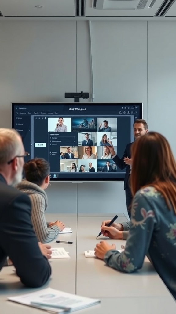 A business leader presenting to a group of colleagues in a modern conference room.