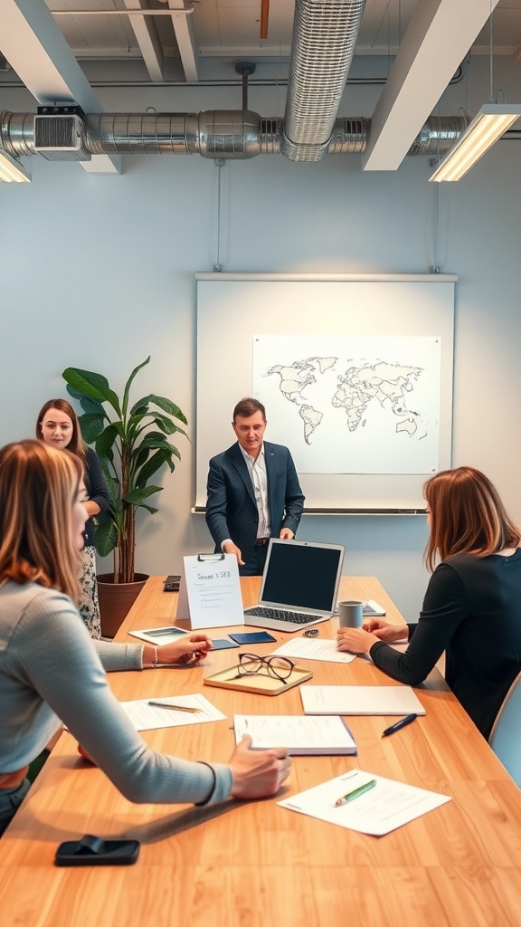 A business meeting with people discussing plans and documents.