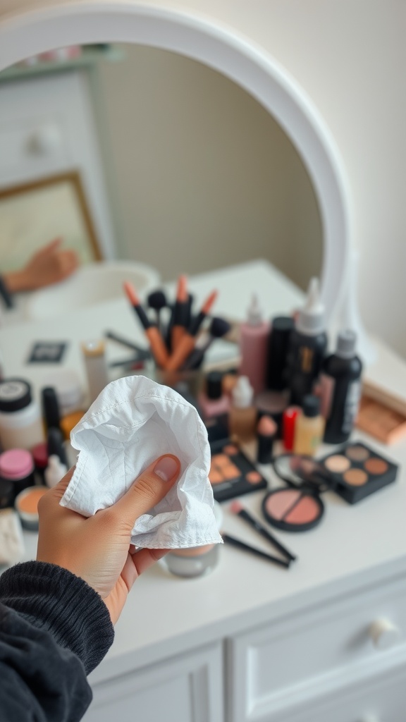 A hand holding a white tissue in front of a cluttered makeup table with various beauty products.