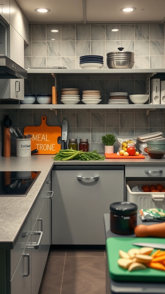 A well-organized kitchen with meal prep zones including cutting boards, ingredients, and utensils.