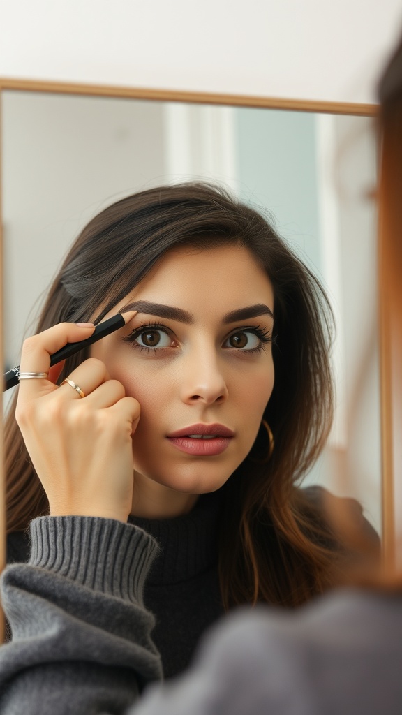 A woman using a brow pencil to groom her eyebrows while looking in a mirror.