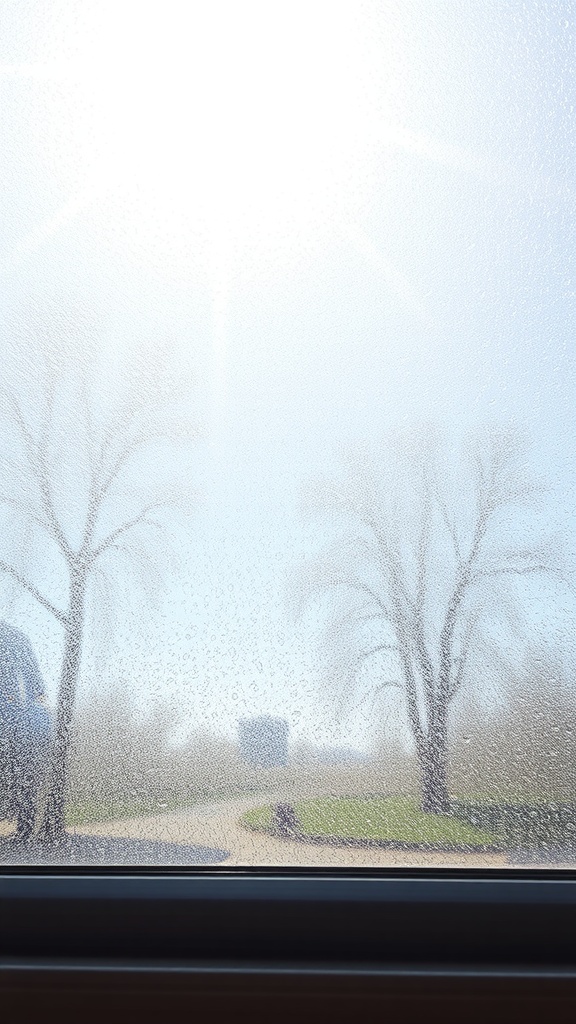 A close-up view of a window with raindrops and sunlight shining through.