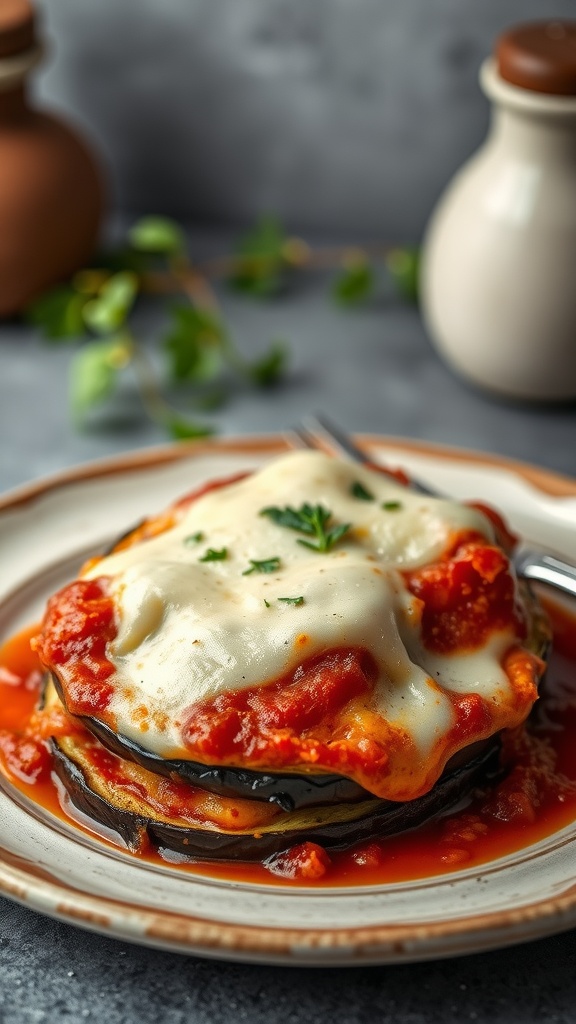 A plate of Eggplant Parmesan, featuring layers of roasted eggplant, marinara sauce, and melted cheese, garnished with herbs.