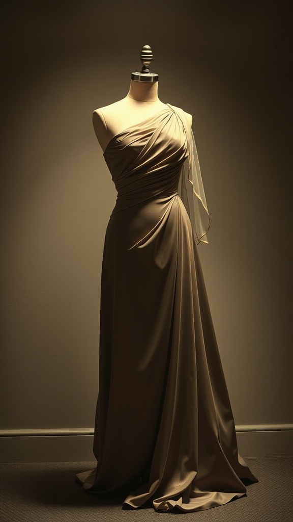 A vintage 1940s inspired dress displayed on a mannequin, showcasing elegant draping and soft fabric.