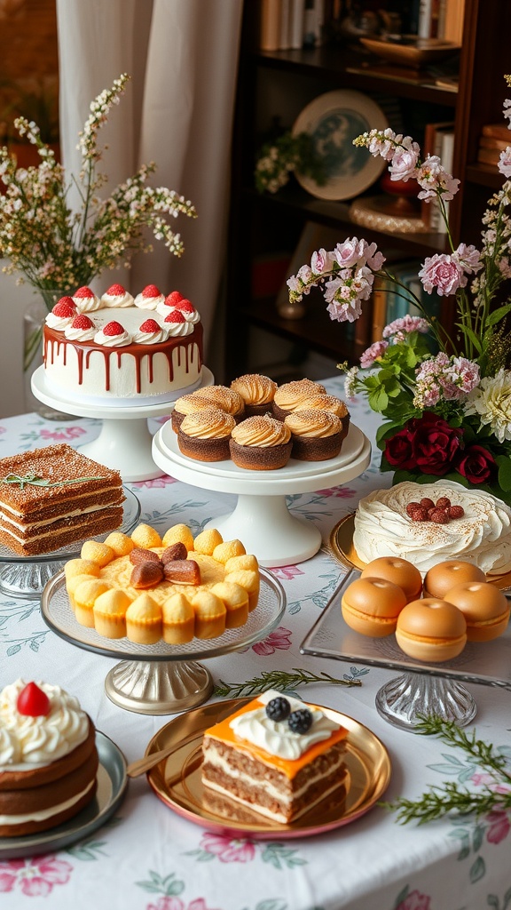 An elegant display of various desserts including cakes, pastries, and decorative flowers.