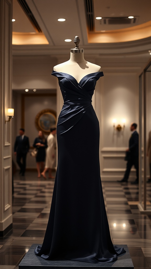A navy evening dress displayed on a mannequin in an elegant setting.