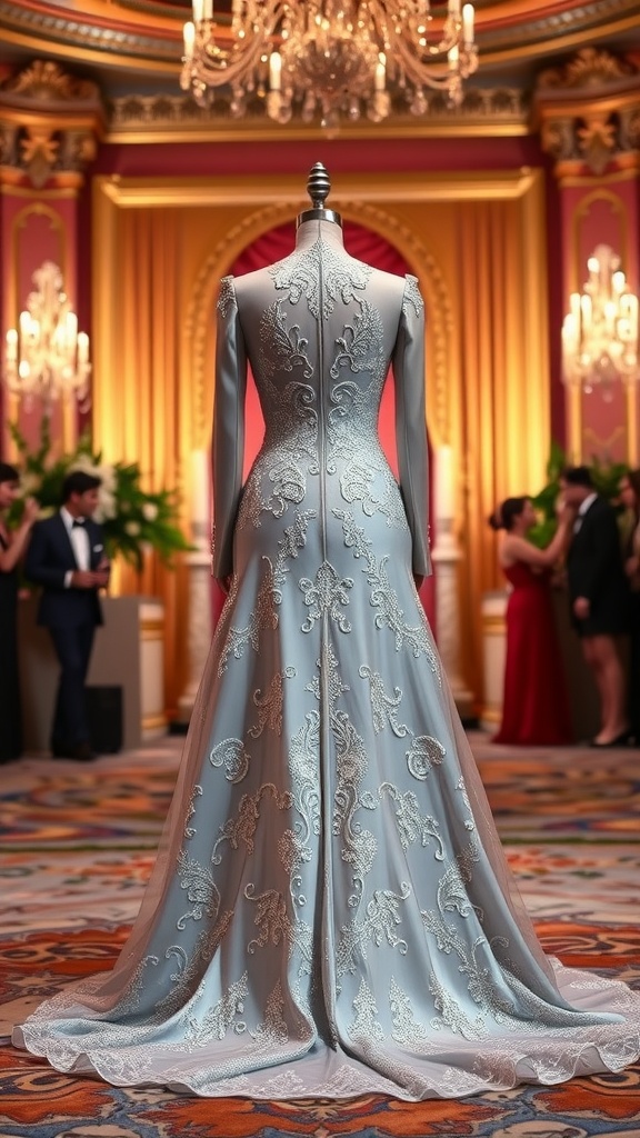 Elegant statement gown displayed on a mannequin in a lavish setting.
