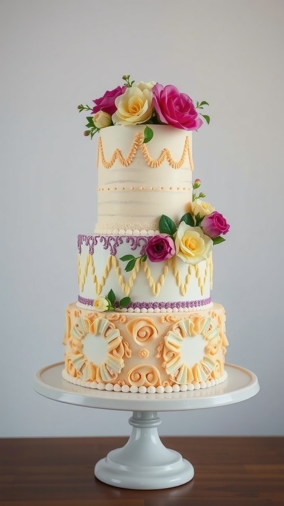 A beautifully decorated three-tiered cake with flowers and intricate designs.