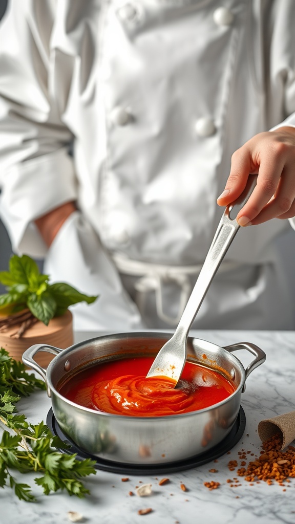 Chef stirring a vibrant tomato sauce in a stainless steel pan, surrounded by fresh herbs.