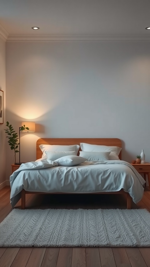 Cozy bedroom with a bed, soft lighting, and plants.