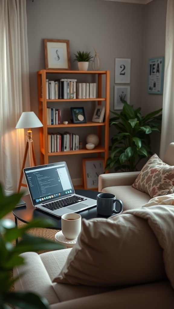 A cozy home workspace featuring a laptop, bookshelves, and coffee cups.