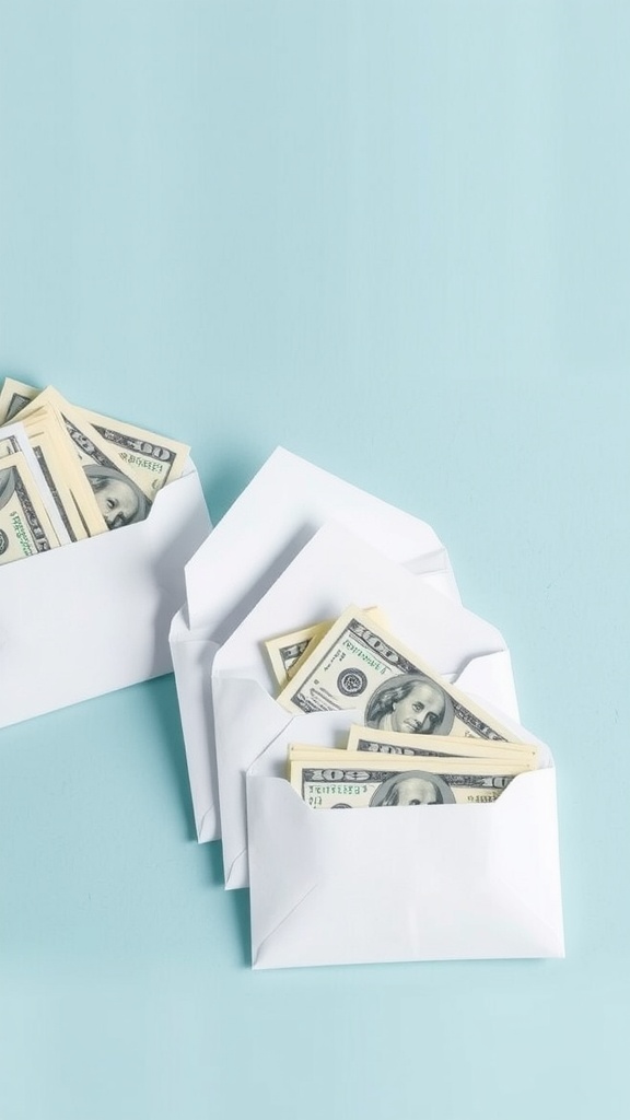 Four white envelopes with cash sticking out, placed on a light blue surface