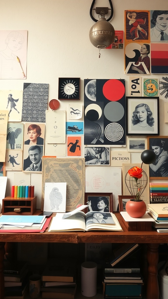 A cozy workspace featuring vintage prints, books, and art.