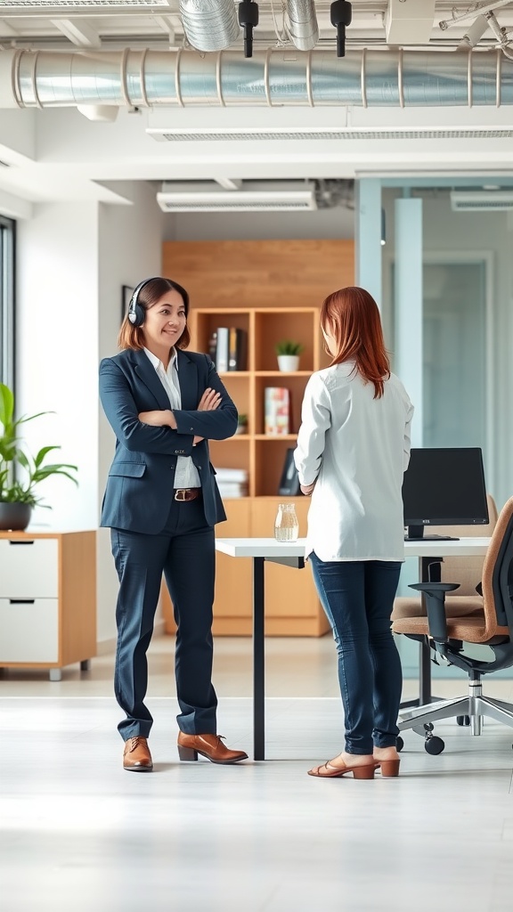 Two business professionals engaged in conversation in a modern office.