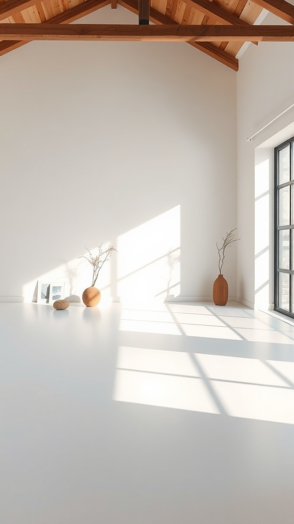 A bright minimalist room with natural light, featuring simple decor elements.