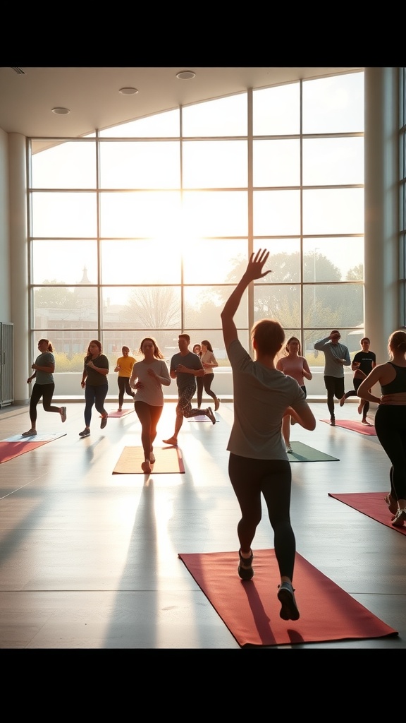 People participating in a morning exercise class with sunlight streaming through large windows.