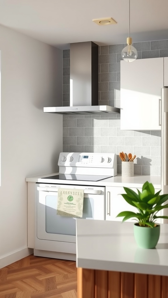 A modern kitchen with energy-efficient appliances, featuring a sleek oven and a stylish ventilation hood.