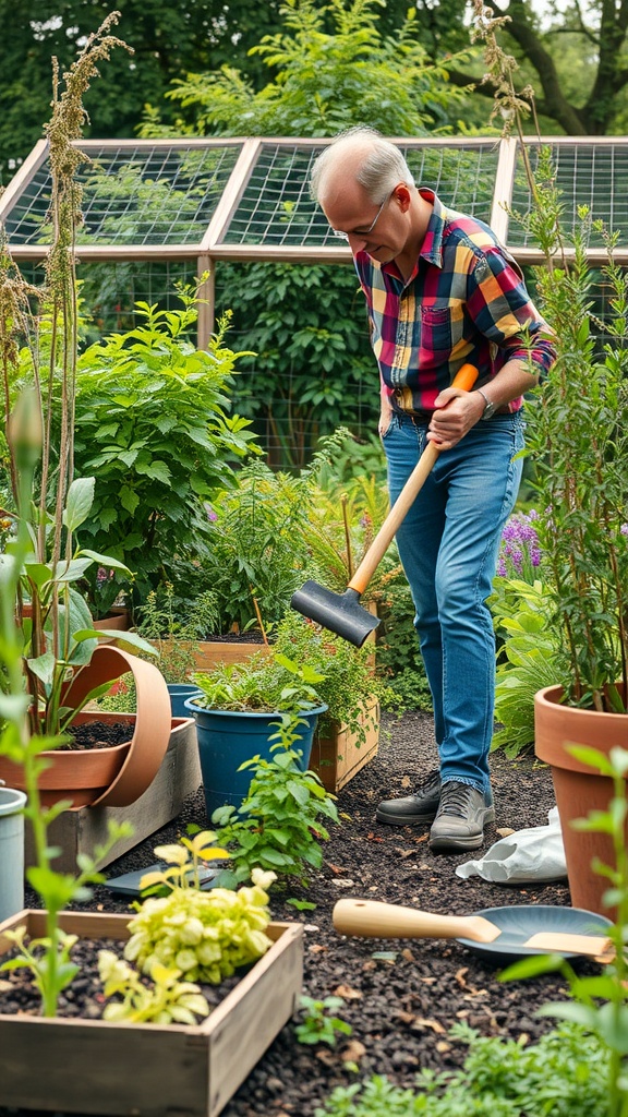 A person gardening, using a tool and tending to plants.