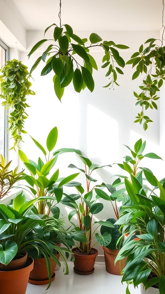 A collection of various indoor plants in pots, displayed near a window, creating a fresh and vibrant atmosphere.