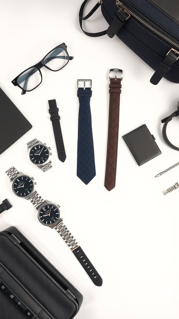 A collection of stylish work accessories including watches, ties, glasses, and a bag on a white background.