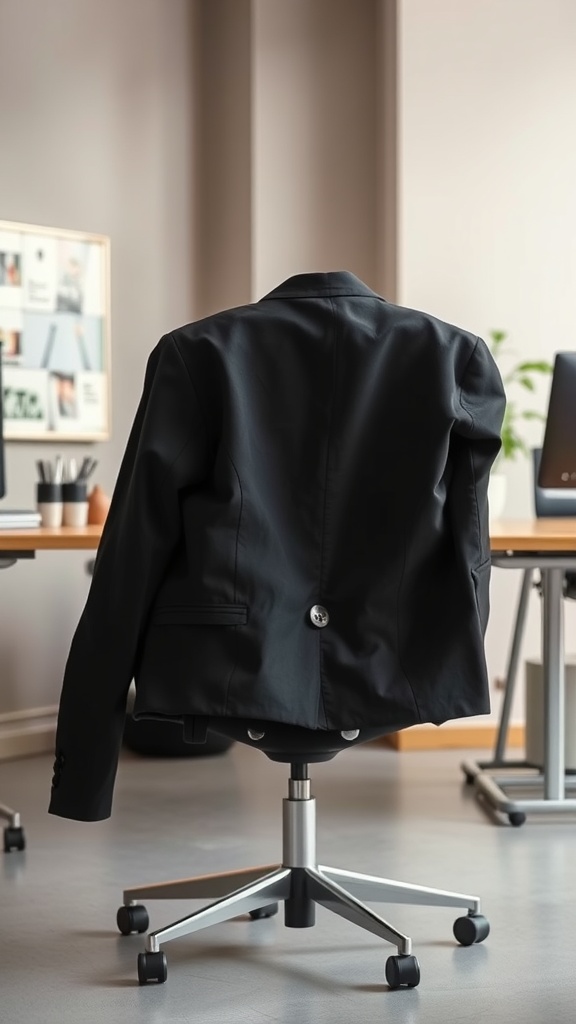 A black blazer draped over a spinning office chair in a modern workspace.