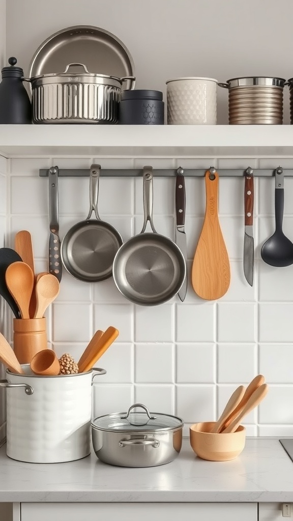A tidy kitchen shelf displaying pots, pans, and wooden cooking utensils.