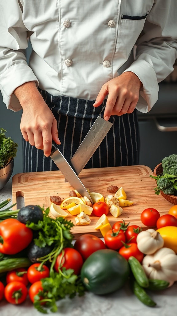 A chef skillfully chopping vegetables on a wooden cutting board with fresh ingredients surrounding them.