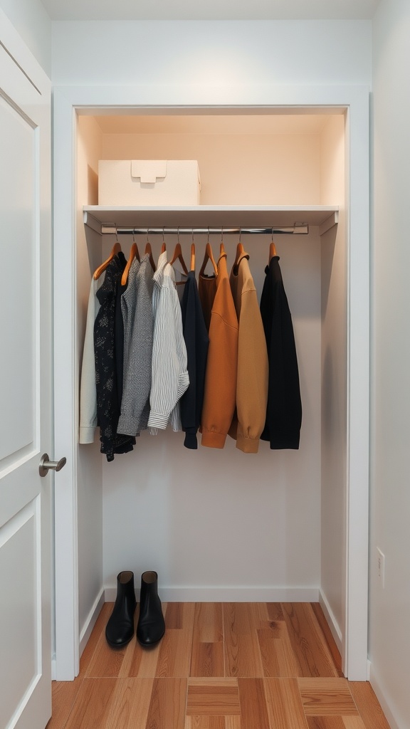 A minimalist closet showcasing a limited number of neatly arranged clothing items.