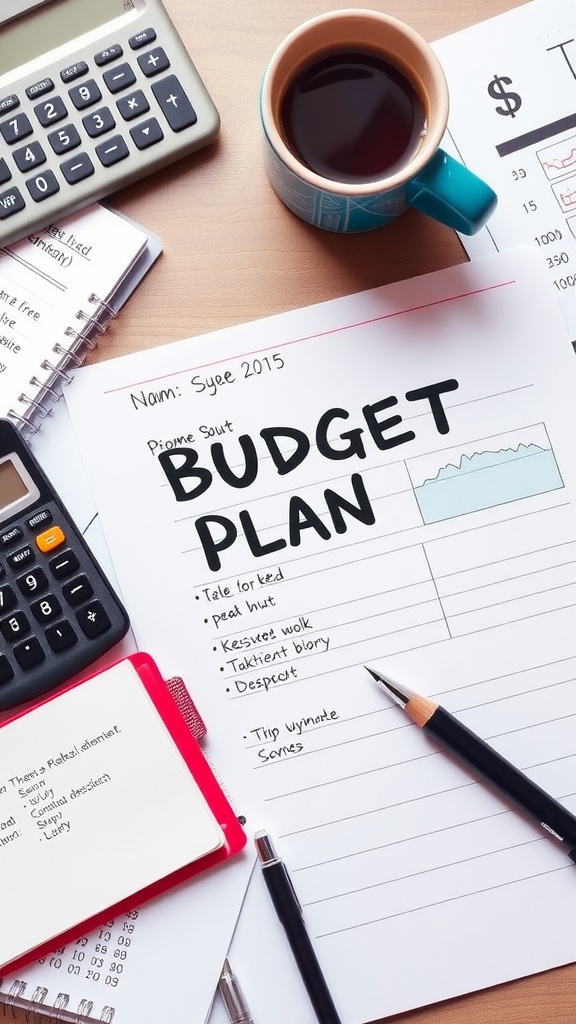 A desk with a budget sheet, calculator, pen, notebook, and a cup of coffee.