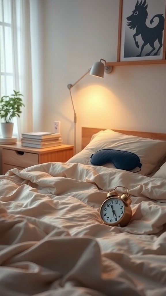 Cozy bedroom with an alarm clock and a sleep mask on a bed with soft bedding.