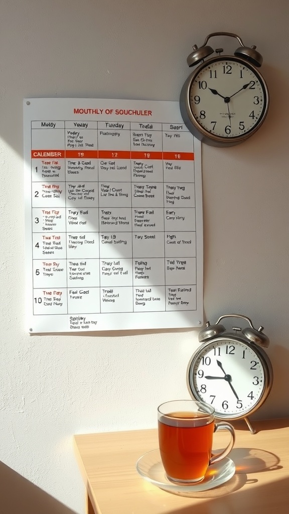 A calendar on the wall with a cup of tea and two clocks showing different times.