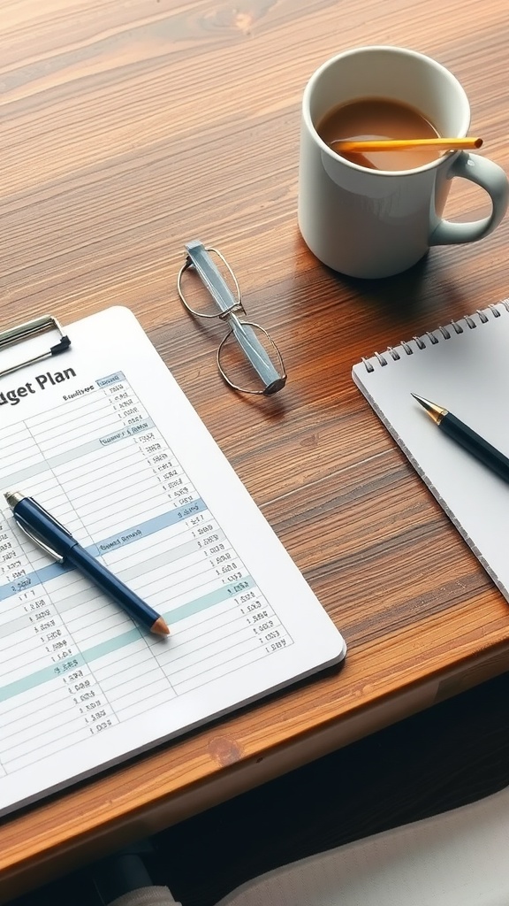 A budget plan on a clipboard with glasses, a notebook, and a coffee mug on a wooden table.