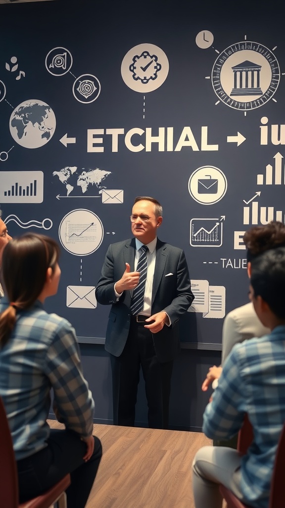A business leader speaking to a group in front of a wall with various business graphics.