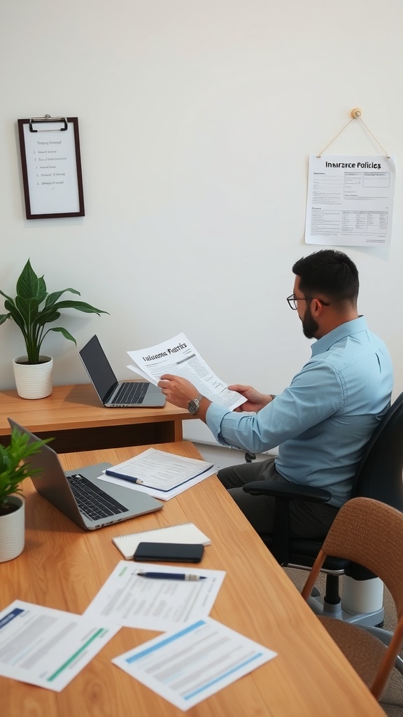 A person reviewing insurance policies while working at a desk with laptops and documents.