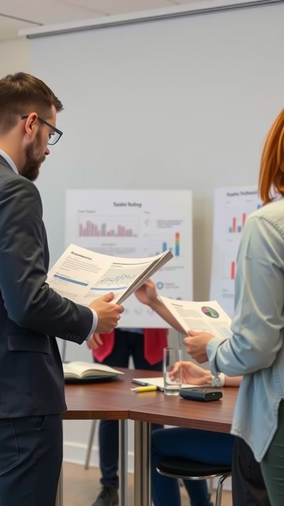 A group of professionals discussing business goals with charts and reports.